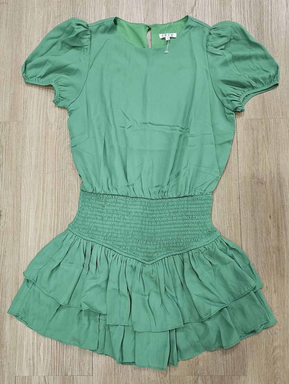 TCEC Kelly Green Smocked Waist Tiered Ruffle Puff Sleeve Mini Dress Size M
